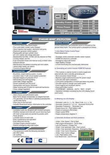 kVA kVA kW 46 37 42 34 380/220 Yes Standby Power ... - Mech-Tech