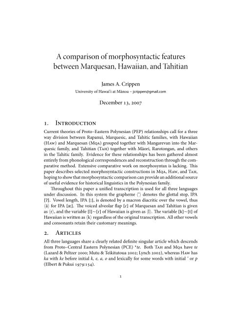 A comparison of morphosyntactic features between Marquesan ...