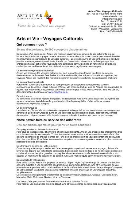 infos sur voyages arts et voyages