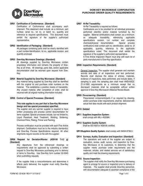 Quality PO Requirements - DowKey Microwave