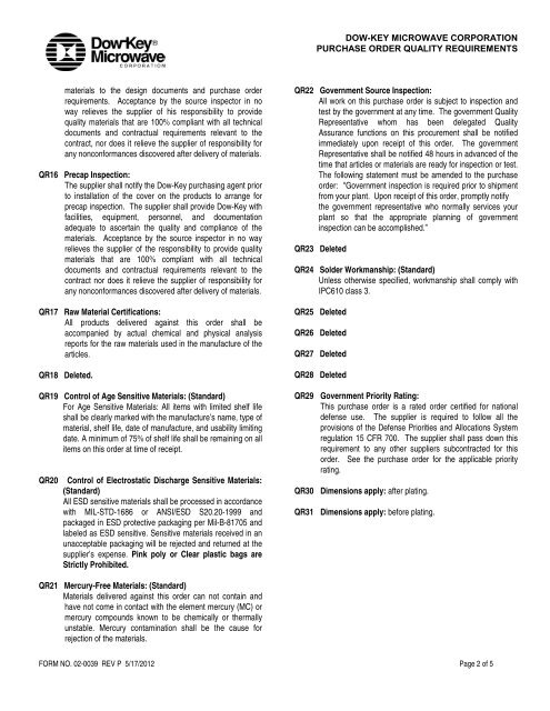 Quality PO Requirements - DowKey Microwave