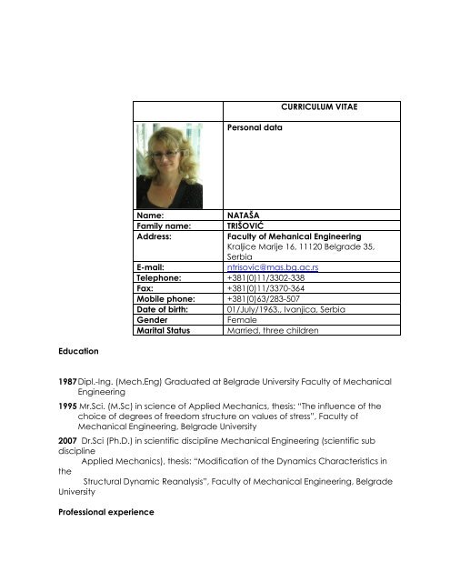 CURRICULUM VITAE Personal data Name: NATAÃ…Â A Family name ...