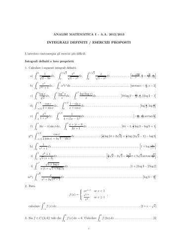 INTEGRALI DEFINITI / ESERCIZI PROPOSTI