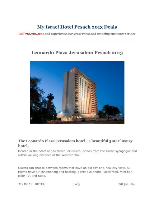 My Israel Hotel Pesach 2013 Deals Leonardo Plaza Jerusalem ...