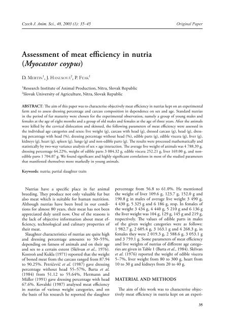 Assessment of meat efficiency in nutria (Myocastor coypus)