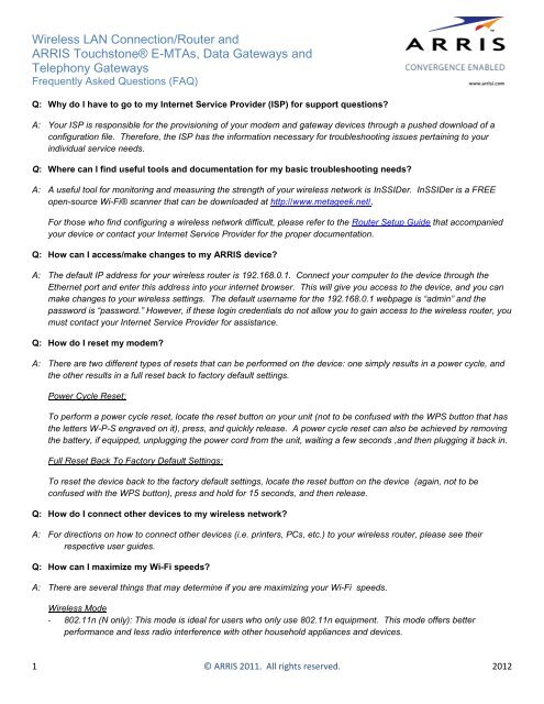Wireless LAN Connection/Router and ARRIS Touchstone® E-MTAs ...
