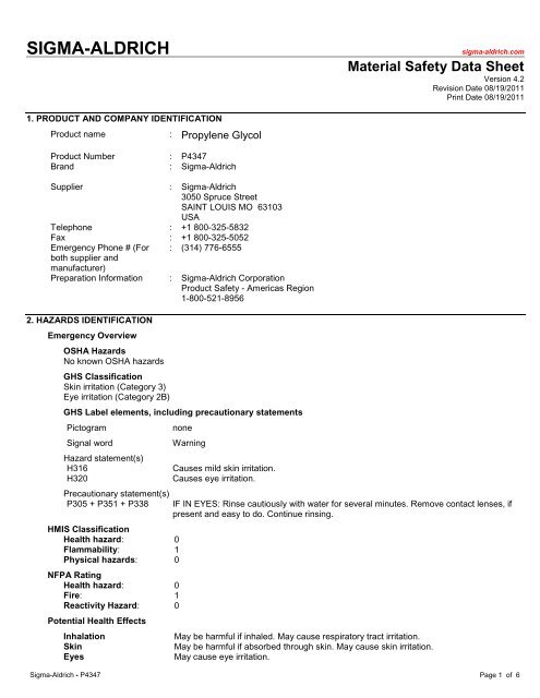 Msds Propylene Glycol