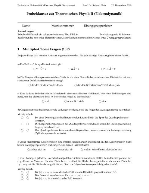 Probeklausur zur Theoretischen Physik II (Elektrodynamik) 1 ...