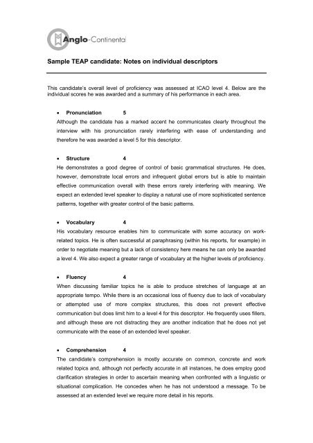Sample TEAP candidate: Notes on individual ... - Anglo-Continental