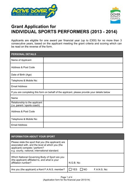 Active Dover Grant Application Form - Individual Sports Performers