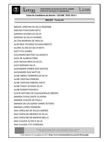Listas de Candidatos do Sorteio - LICOM / PLIC 2013-1 Lista ...