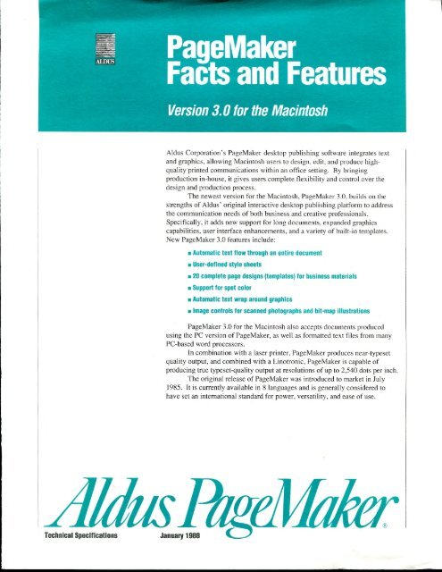 Aldus Pagemaker Mac And Pc 3 0 Technical Specifications