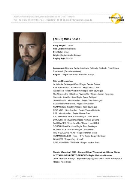 ( NEU !) Milos Kostic - Agentur International Actors