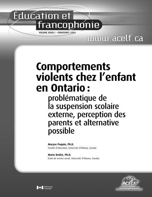 Comportements violents chez l'enfant en Ontario : - acelf