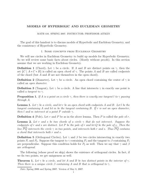 MODELS OF HYPERBOLIC AND EUCLIDEAN GEOMETRY The ...