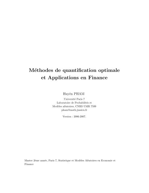 Méthodes de quantification optimale et Applications en Finance