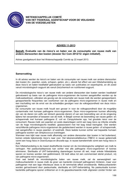 Advies 11 2013 Van Het Wetenschappelijk Comita C Van Het Favv