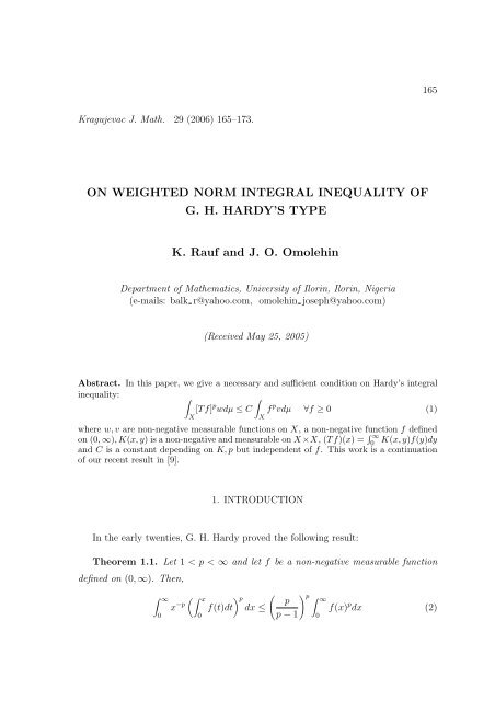 ON WEIGHTED NORM INTEGRAL INEQUALITY ... - Kjm.pmf.kg.ac.rs