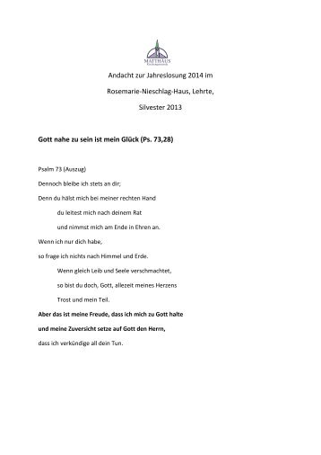 Andacht zur Jahreslosung 2014 im Rosemarie-Nieschlag-Haus ...