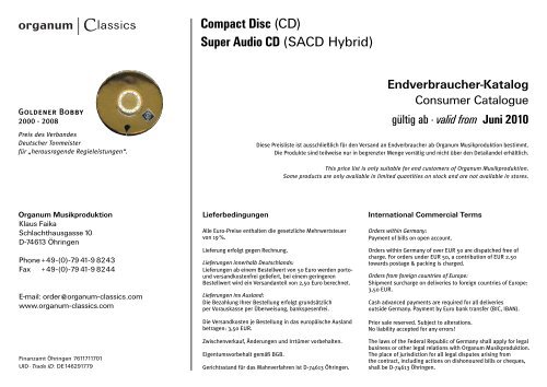 Compact Disc (CD) Super Audio CD (SACD organum Classics