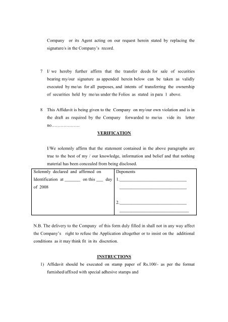 Affidavit for change of Specimen Signature - Aditya Birla Nuvo, Ltd