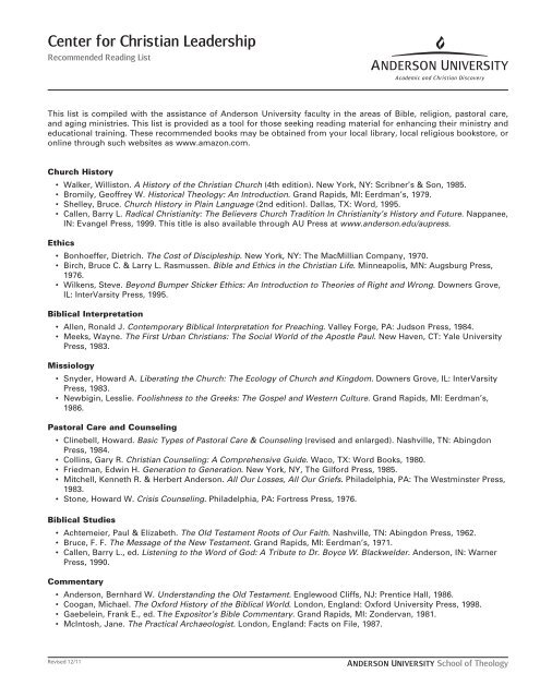 The Recommended Reading List Pdf Anderson University