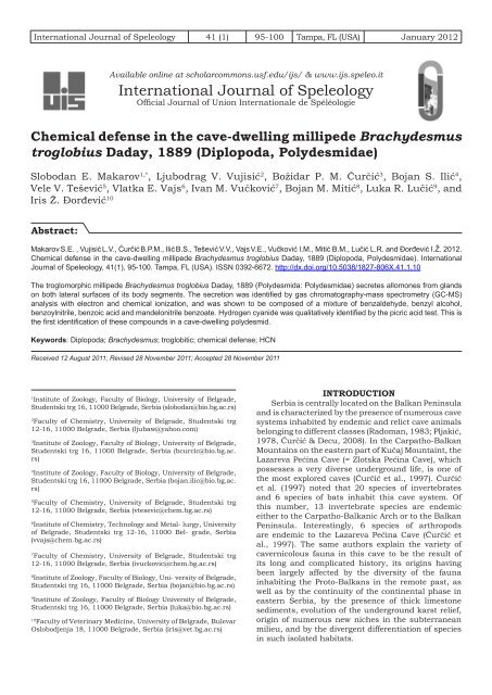 Chemical defense in the cave-dwelling millipede Brachydesmus ...