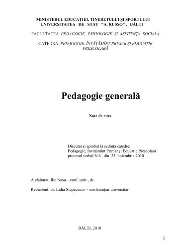 Pedagogie GeneralÄ - Biblioteca ÅtiinÅ£ificÄ a UniversitÄÅ£ii de Stat