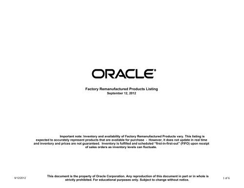 Partner/External Remanufactured Products Listing - Oracle