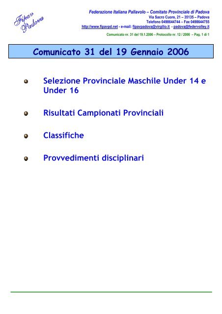 Comunicato 31 del 19 Gennaio 2006 - FIPAV