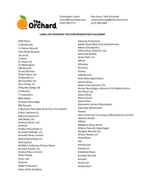 The Orchard's Represented Labels
