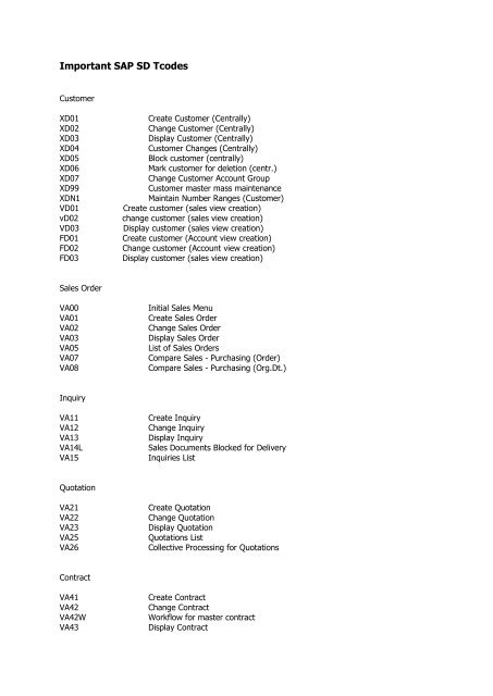 Important SAP SD Tcodes