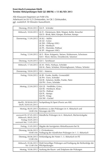 Abiturtermine 2013 - Ernst-Mach-Gymnasium Huerth