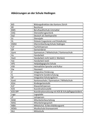 Liste der AbkÃ¼rzungen - Schule Hedingen
