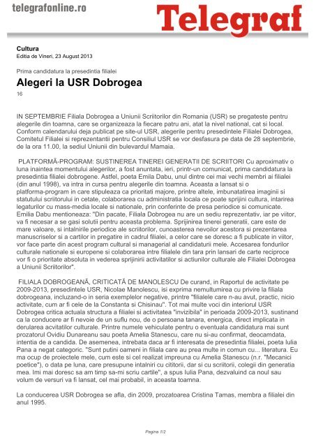 Alegeri la USR Dobrogea - Telegraf