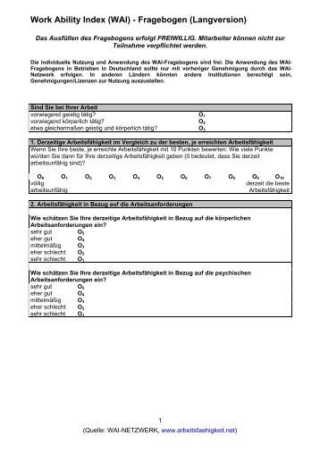 Work Ability Index (WAI) - Fragebogen (Langversion)