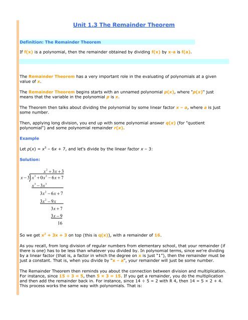 Unit 1 3 The Remainder Theorem The Burns Home Page Unit 1 3 The Remainder Theorem The Burns Home Page