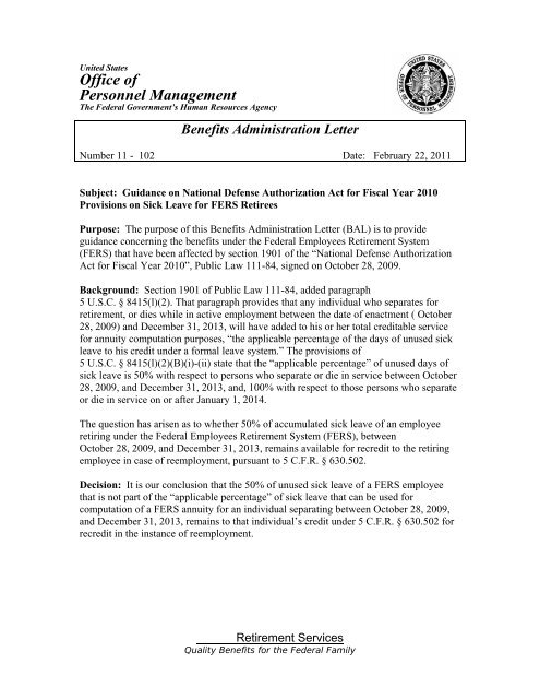 Benefits Administration Letter - Office of Personnel Management