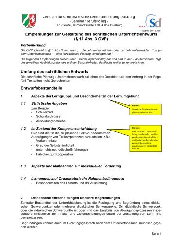 Empfehlungen zur Gestaltung des schriftlichen Unterrichtsentwurfs ...