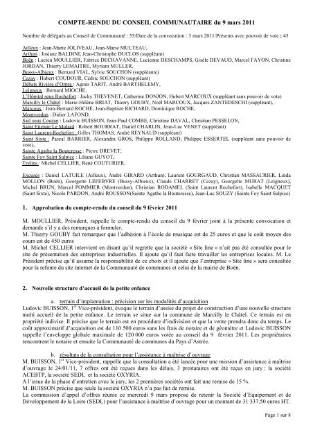 COMPTE-RENDU DU CONSEIL COMMUNAUTAIRE du 9 mars 2011