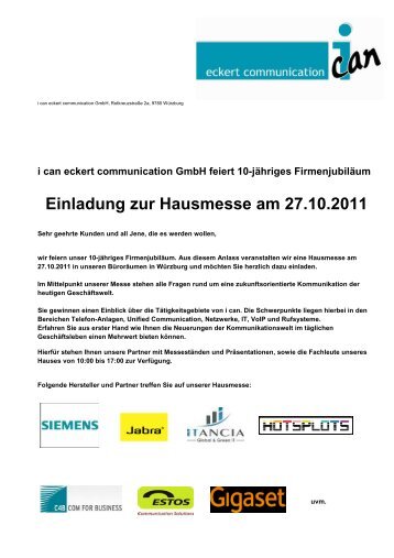 Einladung zur Hausmesse am 27.10.2011 - Ican