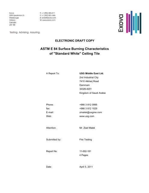 Astm E 84 Surface Burning Characteristics Of Usg Me Com
