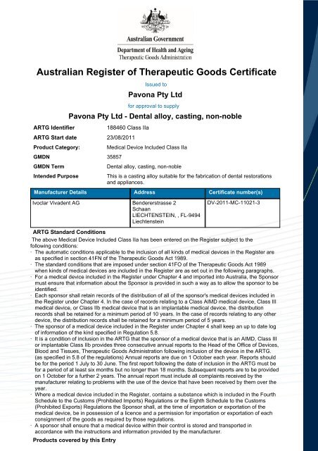 Australian Register of Therapeutic Goods Certificate