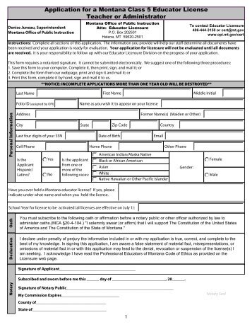 Application for a Montana Class 5 Educator License Teacher or ...