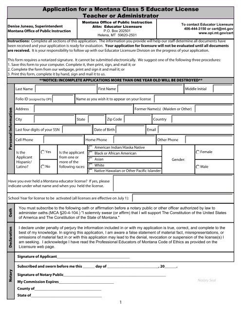 Application for a Montana Class 5 Educator License Teacher or ...