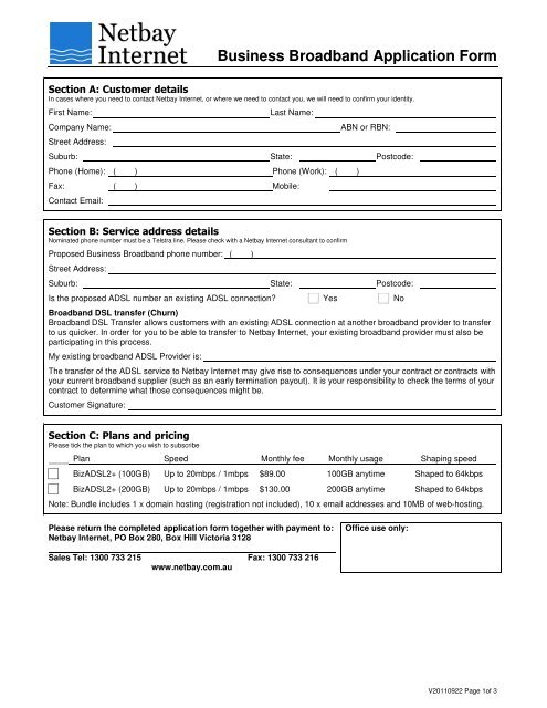 Business Broadband Application Form - Netbay Internet