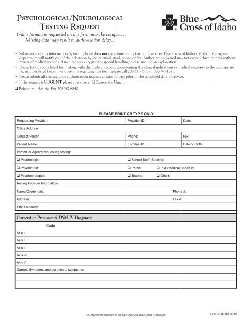 Psychological/Neurological Testing Prior Authorization Form