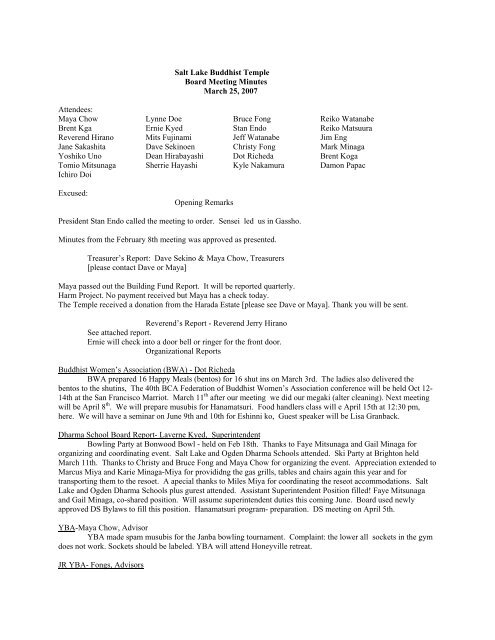 Salt Lake Buddhist Temple Board Meeting Minutes March 25, 2007 ...