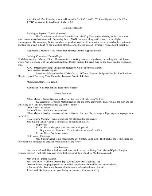 Salt Lake Buddhist Temple Board Meeting Minutes March 25, 2007 ...