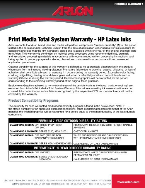 Arlon Print Media Warranty for HP Latex Inks - Computaleta